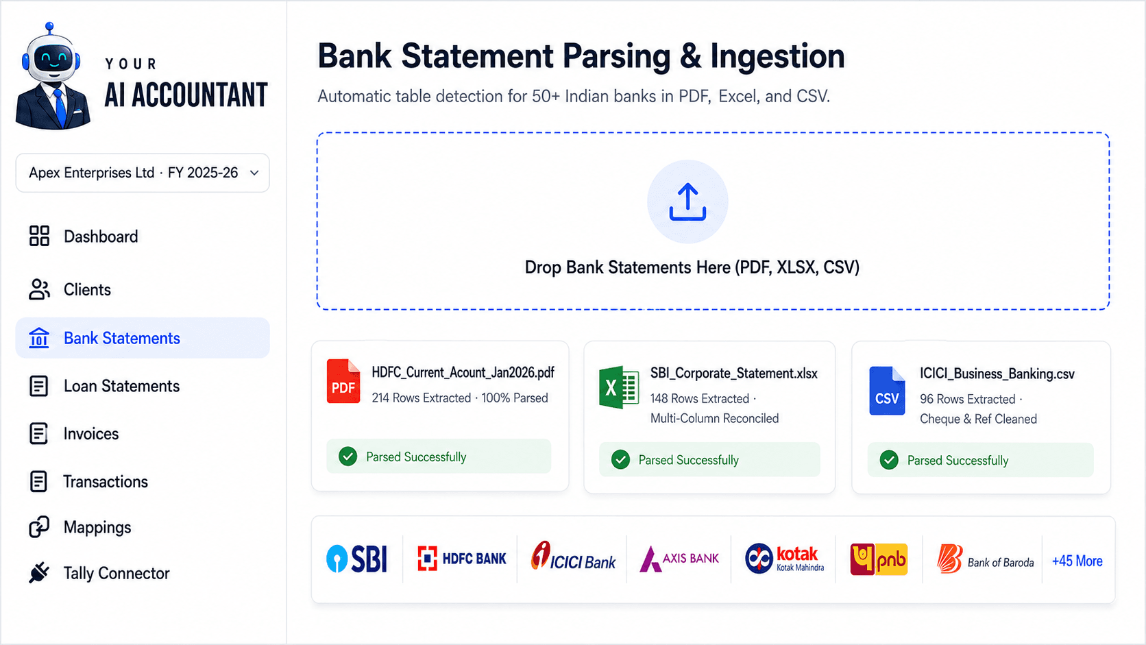 Bank Statement Parsing & Ingestion for 50+ Indian Banks