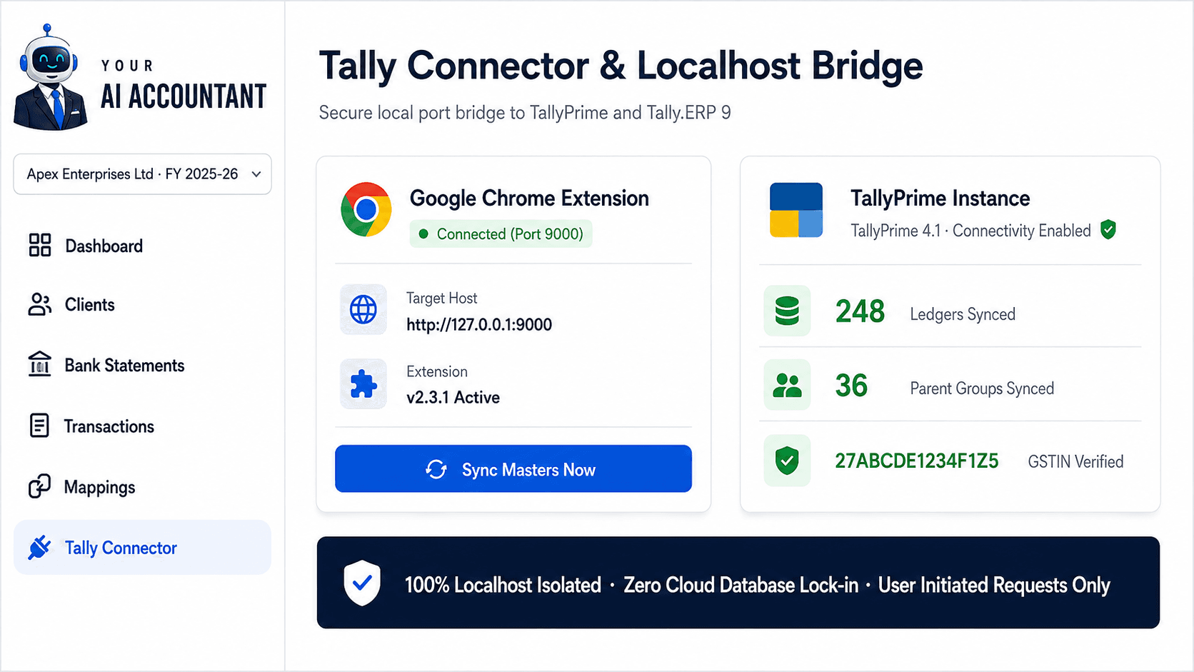 Tally Connector Chrome Extension connected to TallyPrime on localhost port 9000