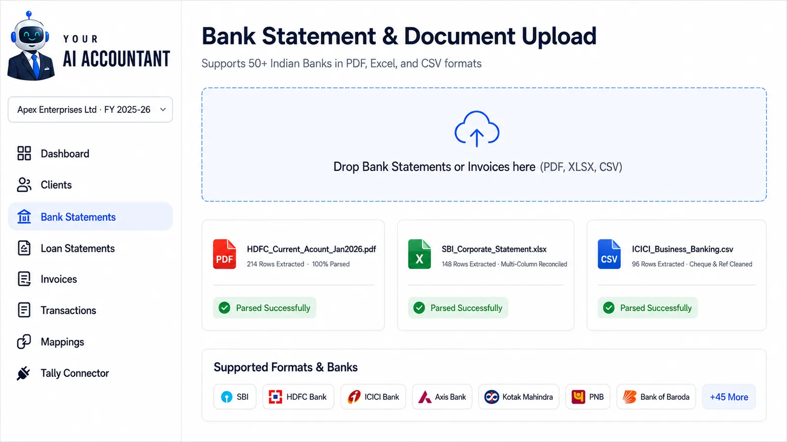 Upload bank statements as PDF, Excel or CSV