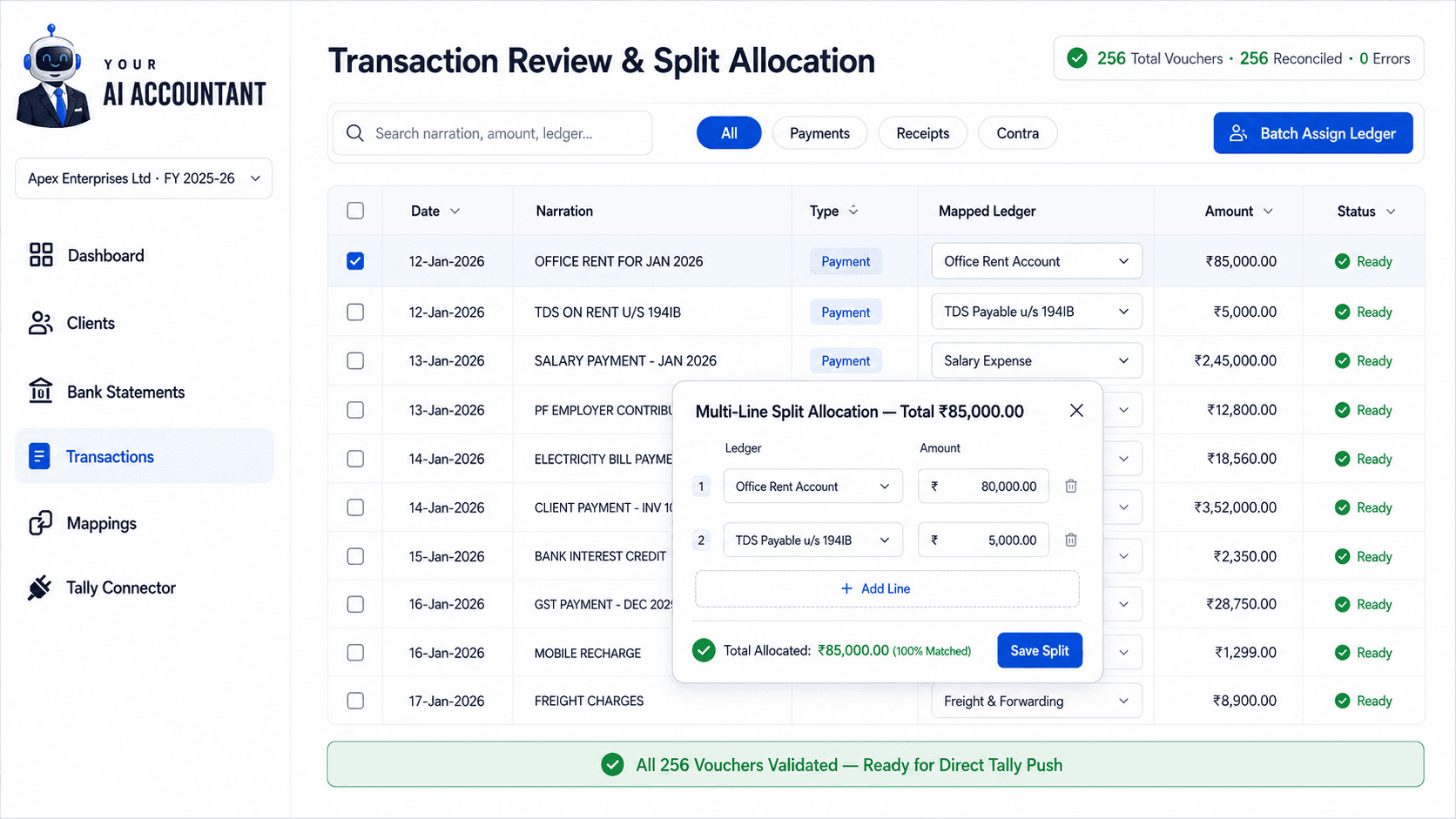 Transaction Review grid with multi-line split allocation modal