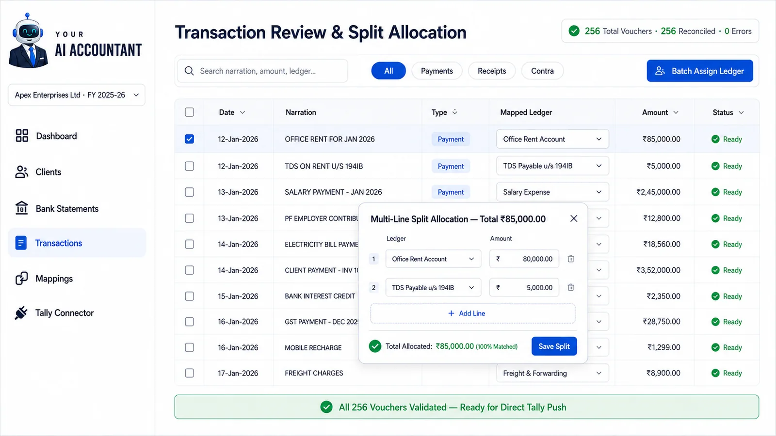 Transaction review grid with a multi-line split allocation