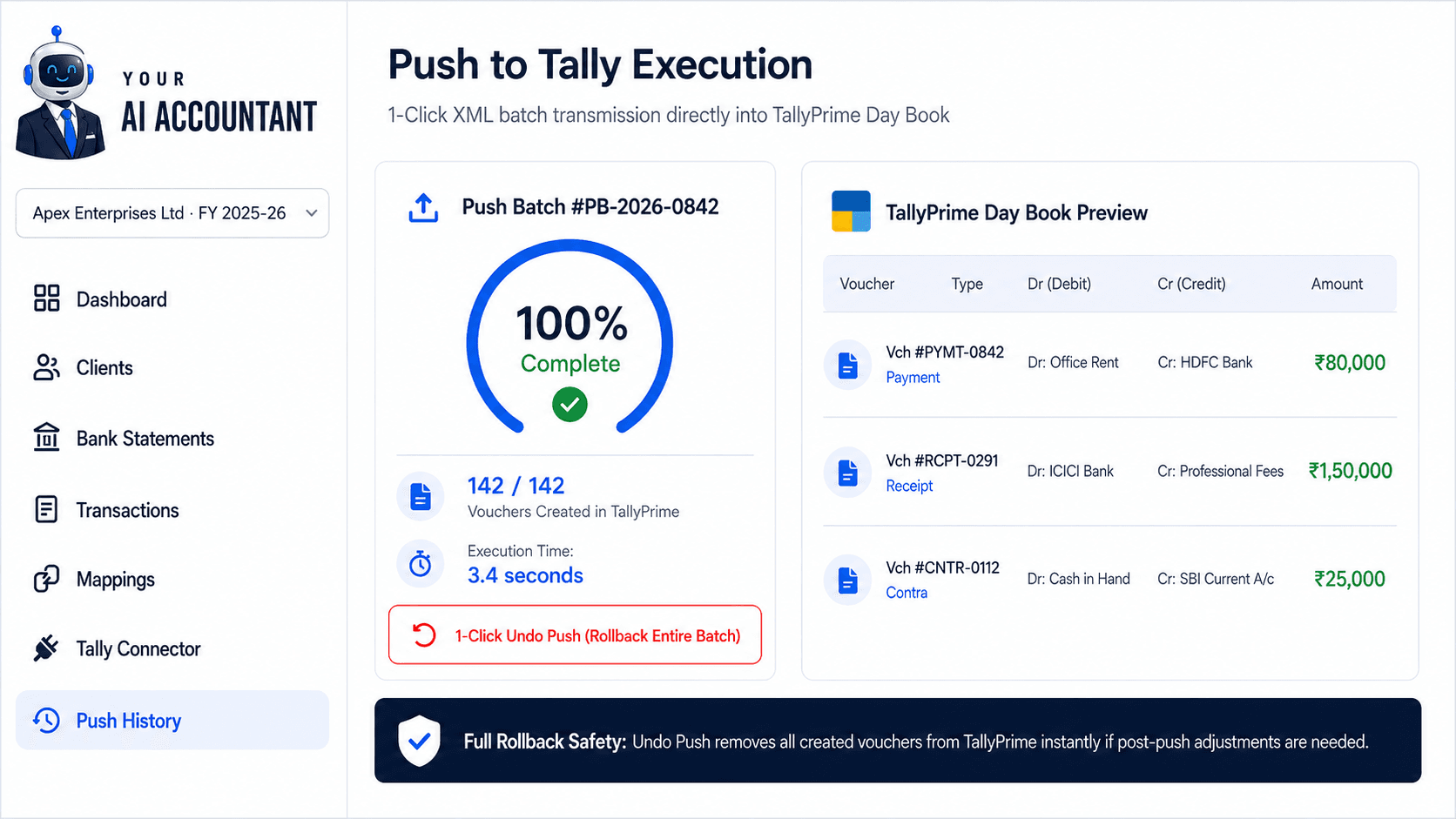 Push Vouchers directly to TallyPrime with review and a full push history